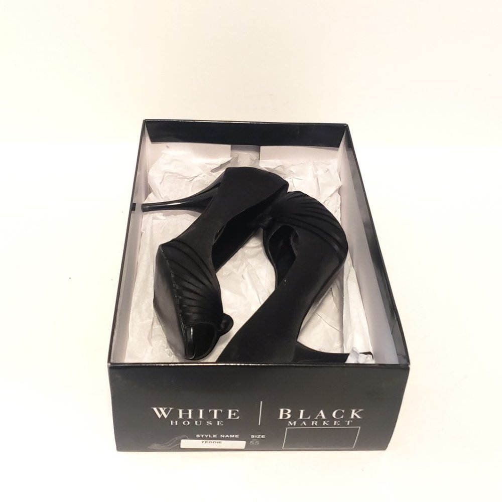 WHBM Teddie Black Satin Bow Peep Toe Heel Shoe Pump Womens 5.5M NEW - Picture 7 of 7